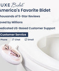 Rose Gold Bidet Attachment With Warm Water and Dual Nozzles on white toilet, customer service details visible