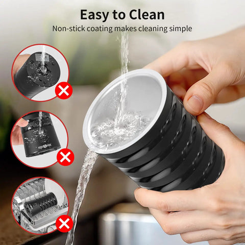 Person cleaning 4 In 1 Electric Milk Frother For Hot And Cold Foam, Temperature Control And Auto Shut Off, Perfect For Lattes, Cappuccinos, Macchiatos And More, Sleek Stainless Milk Warmer For Barista Grade Froth At Home under running water