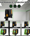 Green Cross Line Self Leveling Laser Level With Tripod For Picture Hanging Tile And Indoor Construction Projects Pro Grade Dual Module With Rechargeable Battery And Selectable Laser Lines 100 Foot Range, cross line modes