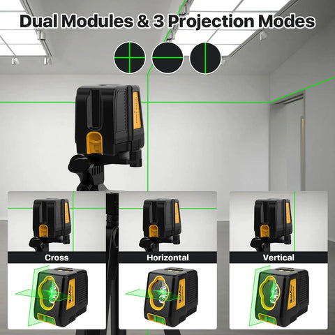 Green Cross Line Self Leveling Laser Level With Tripod For Picture Hanging Tile And Indoor Construction Projects Pro Grade Dual Module With Rechargeable Battery And Selectable Laser Lines 100 Foot Range, cross line modes