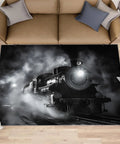Locomotive Train Rug For Bedroom And Living Room, Comfy Underfoot Ultra Soft Low Pile Washable Rug With Non Slip Backing, Vintage Industrial Style Decor, Kid And Pet Friendly, Cozy Footing For High Traffic Floors showing black and white train design