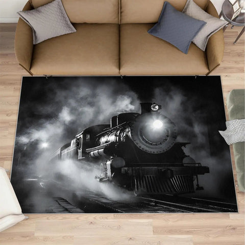 Locomotive Train Rug For Bedroom And Living Room, Comfy Underfoot Ultra Soft Low Pile Washable Rug With Non Slip Backing, Vintage Industrial Style Decor, Kid And Pet Friendly, Cozy Footing For High Traffic Floors showing black and white train design