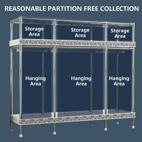Hella Spacious Portable Canvas Wardrobe Slick Fabric Clothes Closet With Heavy Duty Hanging Rod Double Shelf Racks And Roomy Organizers For Large Bedroom showing multiple storage and hanging areas.