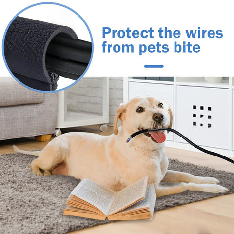 Dog with 4 Pack Cable Management Sleeve With Zipper 19 To 20 Inch Length Neoprene Wire Wrap around cords, preventing bites.