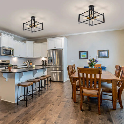 Industrial Farmhouse 4 Light Semi Flush Mount Ceiling Fixture in kitchen dining area with black gold metal, close to ceiling.