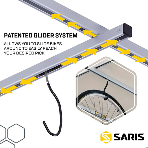 Glide Ceiling Bike Rack Storage For Up To Four Bikes With Individual Access, adjustable wheel hooks shown in close-up.