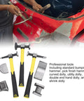 7 Piece Auto Body Repair Kit With Carbon Steel Hammer And Dolly Set For Car And Truck Dent Repair In A Durable Toolbox displayed against car panel