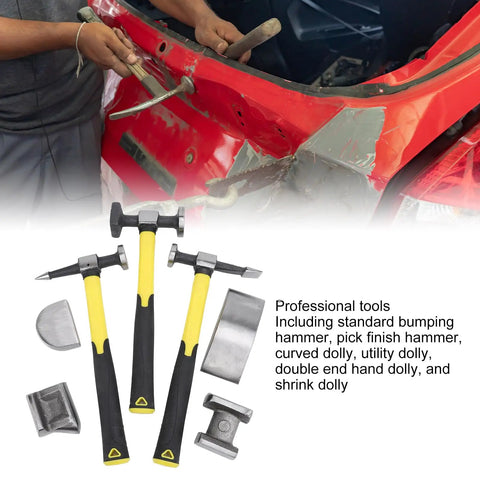 7 Piece Auto Body Repair Kit With Carbon Steel Hammer And Dolly Set For Car And Truck Dent Repair In A Durable Toolbox displayed against car panel