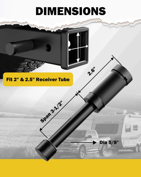 Five Eighth Inch Trailer Hitch Pin Lock Fits Two To Two And A Half Inch Receivers Three And A Half Inch Span Heavy Duty Anti Theft Lock. Dimensions shown in diagram with fit and span details.