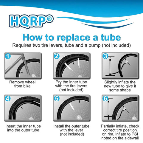 Illustrated guide on replacing a bike tube, focusing on step-by-step process with tire levers and pump. HQRP instructions visible.