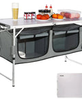 Camping Kitchen Station With Three Adjustable Heights, Folding Outdoor Camp Cooking Table With Storage Organizer