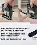 Premium Self Ink Date Stamp Featuring Dial Phrase Adjuster Boasts 12 Go To Office Sayings Date Month Day Year Config shown with ink cartridge replacement steps.