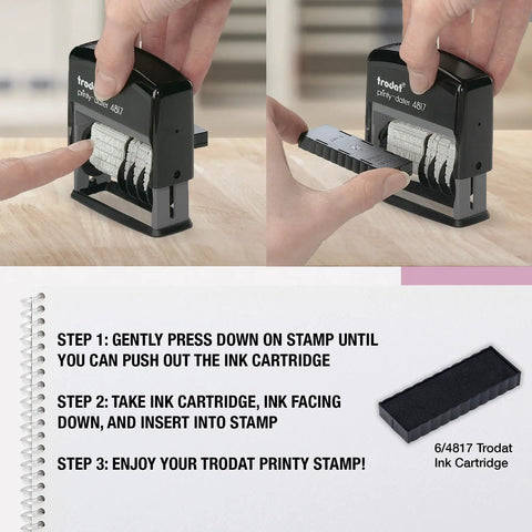 Premium Self Ink Date Stamp Featuring Dial Phrase Adjuster Boasts 12 Go To Office Sayings Date Month Day Year Config shown with ink cartridge replacement steps.