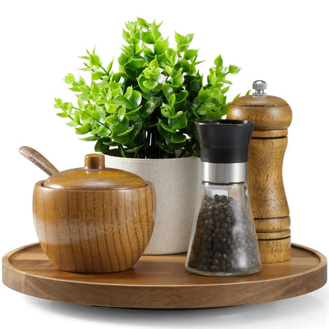 9 Inch Acacia Wood Lazy Susan Turntable Organizer For Cabinets And Pantry Shelves with spice jars and plant