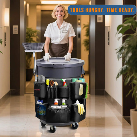 Heavy Duty Trash Can Caddy Apron For 32-55 Gallon Bins With Pro Grade Nylon Organizer And Adjustable Straps Commercial Cleaning Supplies Holder For Janitorial Duties Quick Install And Secure Fit in hallway