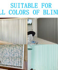 No Sweat Vertical Blind Repair Tabs And Panel Fixers suitable for all colors of blinds displayed in various settings.
