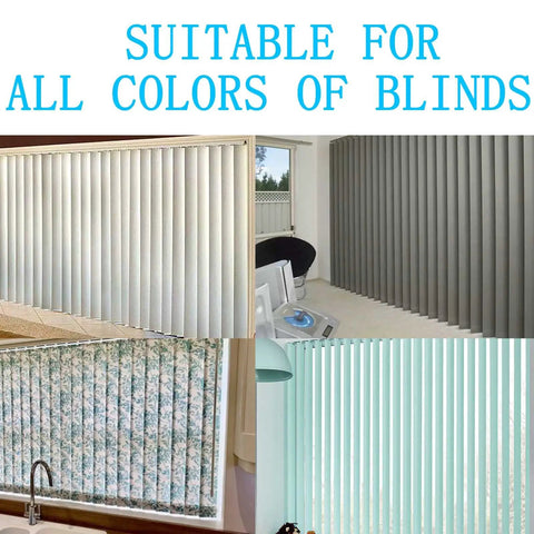 No Sweat Vertical Blind Repair Tabs And Panel Fixers suitable for all colors of blinds displayed in various settings.