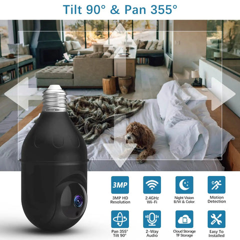3MP WiFi Bulb Camera System With E26 Screw Base Wireless Home Surveillance 360 Degree Panoramic Lens Night Vision in bedroom