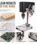 Mydymx Benchtop Mini Drill Press Multi Function Milling Tool Adjustable Precision Workshop Machine For Wood Metal And Plastic Diy Crafts Stable Platform close-up showing accurate drilling on wood, acrylic, and circuit board.