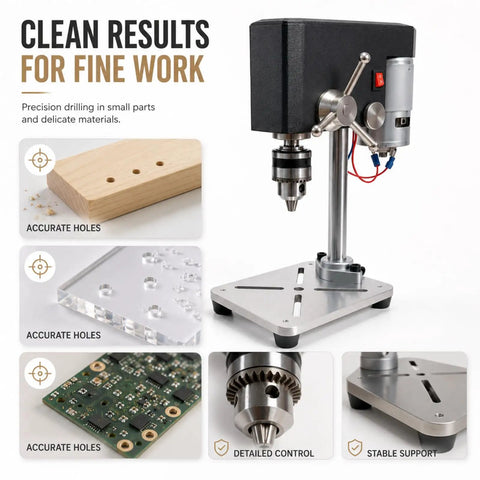 Mydymx Benchtop Mini Drill Press Multi Function Milling Tool Adjustable Precision Workshop Machine For Wood Metal And Plastic Diy Crafts Stable Platform close-up showing accurate drilling on wood, acrylic, and circuit board.