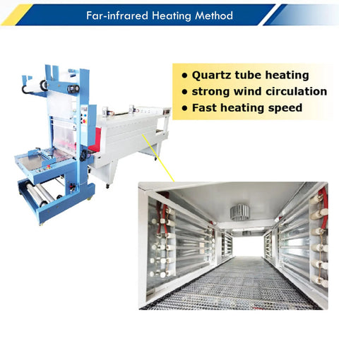 No Sweat Heavy Duty 2 In 1 Heat Shrink Packaging Machine Automatic Film Sealer And Cutter Compact Thermal Tunnel showing quartz tube heating method.