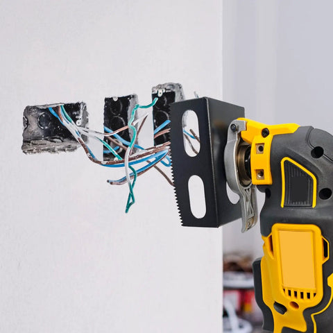 Heavy Duty Drywall Outlet Cutter For Oscillating Multi Tool cutting through drywall near electrical wires.