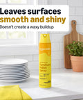 Straight Up Fresh Lemon Furniture Polish Spray That Cuts Through Grime Cleans Hard And Shields Sealed Wood Leather Granite For A Slick Superb Finish With Zero Waxy Buildup In Every Bottle on kitchen counter next to plates and green plant.
