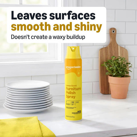 Straight Up Fresh Lemon Furniture Polish Spray That Cuts Through Grime Cleans Hard And Shields Sealed Wood Leather Granite For A Slick Superb Finish With Zero Waxy Buildup In Every Bottle on kitchen counter next to plates and green plant.