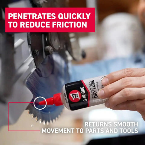 Applying Dry Lube Drip Oil For Tools And Gear Pro Grade, 100 Percent Dry To Touch, Quick Dry Lubricant on saw blade