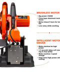 Side view of 14 Inch 3500W Brushless Cold Cut Saw Workhorse for Metalwork with brushless motor and intelligent driver information