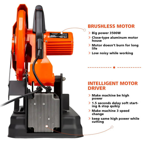 Side view of 14 Inch 3500W Brushless Cold Cut Saw Workhorse for Metalwork with brushless motor and intelligent driver information