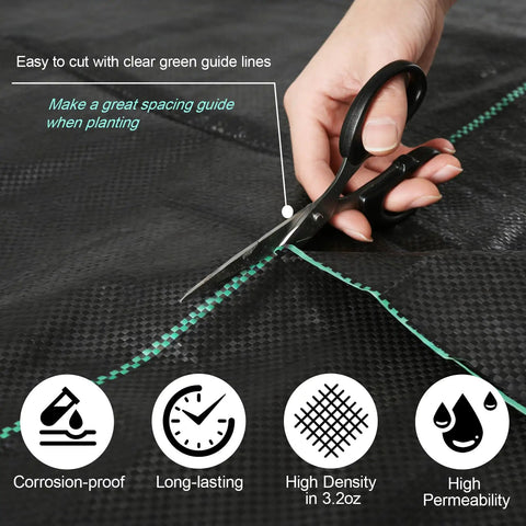 Cutting Heavy Duty Weed Barrier Landscape Fabric 4 Ft by 100 Ft 3.2 Oz Woven Geotextile Mat with scissors on green guide lines