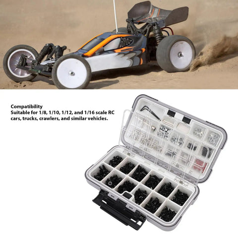 Universal RC Screw Kit With 537 Pcs Double Sided Screws And Nuts Organizer Box Hardware Fasteners For 1/8 1/10 1/12 And 1/16 Scale RC Cars Trucks Crawlers On Road Vehicles, open case