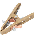 Heavy Duty 500 Amp Brass A Shape Welding Ground Clamp With Mighty Grip For Mig Mma Tig Arc Jobs To Keep Your Equipment Safe And Ready To Rock, showing brass jaws and copper connection.