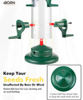 Six Port Metal Bird Feeder With Heavy Duty All Metal Construction 15 Inch Hanging Seed Feeder For Mixed Seed Blends And Sunflower Hearts Green Finish Gift Box Included, featuring six feeding ports with a green base and drainage holes for fresh seed maintenance.