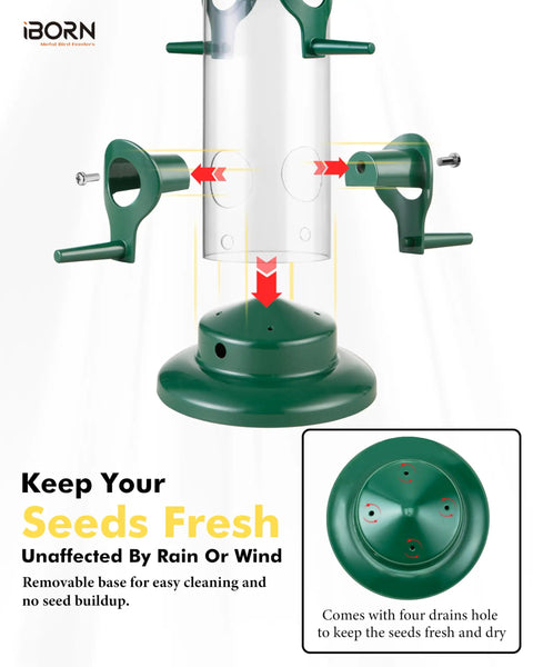 Six Port Metal Bird Feeder With Heavy Duty All Metal Construction 15 Inch Hanging Seed Feeder For Mixed Seed Blends And Sunflower Hearts Green Finish Gift Box Included, featuring six feeding ports with a green base and drainage holes for fresh seed maintenance.