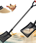 Heavy Duty Metal Sand Sifter Shovel With Long Detachable Aluminum Handle, perforated design, beach and farm usage, chickens nearby