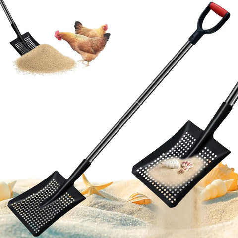 Heavy Duty Metal Sand Sifter Shovel With Long Detachable Aluminum Handle, perforated design, beach and farm usage, chickens nearby