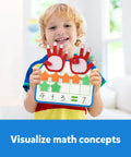Child holding Montessori Math Manipulatives Magnetic Ten Frame for Addition Subtraction Practice with Dry Erase Board Counting Blocks.