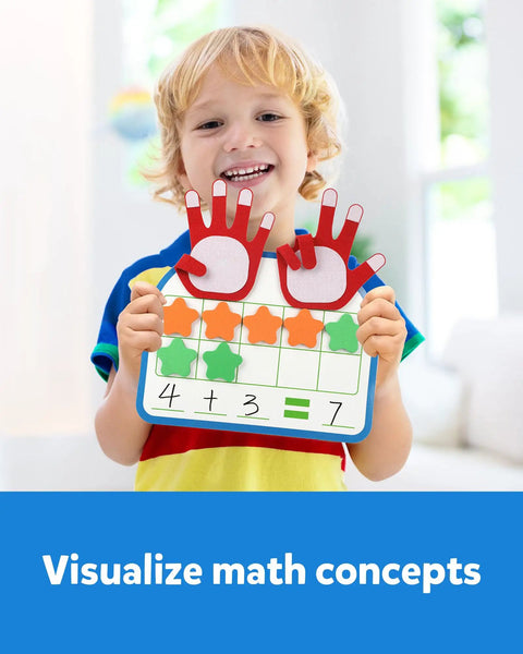 Child holding Montessori Math Manipulatives Magnetic Ten Frame for Addition Subtraction Practice with Dry Erase Board Counting Blocks.