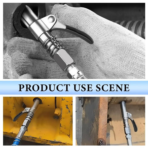 Using 12 Piece Pro Grade Workhorse Grease Gun Coupler Kit With Lock On Tips, 12 Inch Flexible Hose And 9 Nipple Nozzles.