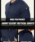 Men's Navy Polo Shirt Short Sleeve Hike Ready and Hunt Ready, Quick-Dry Polyester Pique, Tactical Style With 3-Button Placket, Sunglasses Loop, Left Sleeve Pen Pockets, Built for Durability and All Day Comfort, shown with pen pocket and sunglasses loop.