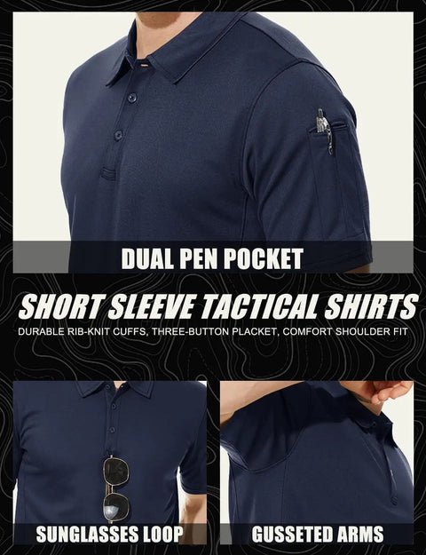 Men's Navy Polo Shirt Short Sleeve Hike Ready and Hunt Ready, Quick-Dry Polyester Pique, Tactical Style With 3-Button Placket, Sunglasses Loop, Left Sleeve Pen Pockets, Built for Durability and All Day Comfort, shown with pen pocket and sunglasses loop.