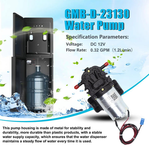Water Pump Kit for Primo, Avalon, and Brio Bottled Water Dispensers, 12V DC, 0.32 GPM, Replacement DP005A2, Easy DIY Install, Fix Slow or No Water Flow, Keeps Your Water Cooler Pumping, metal pump with wiring