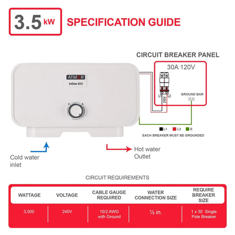 Diagram of 3500 Watt 120 Volt Point Of Use Tankless Electric Water Heater For A Single Sink With specs and wiring details.