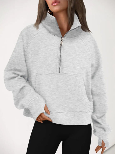 Women's Half Zip Fleece Pullover Sweatshirt Hoodie Cardigan For Cold Weather, Cozy Cotton Poly Blend, worn with thumb holes