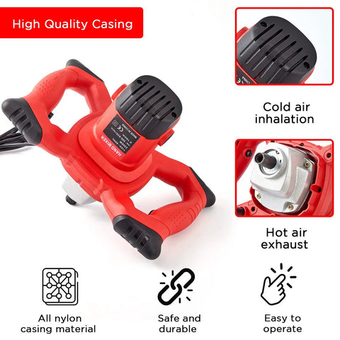 Beefy 2300W Portable Electric Cement Mixer with high-quality red casing, featuring air vent design and secure grip handles in close-up view.