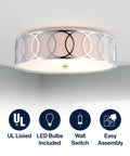 Dope Chrome Modern Metal LED Flush Mount Ceiling Light With White Linen Drum Shade And Geometric Fretwork Energy Saving Bulbs