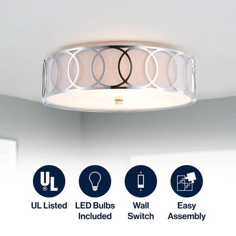 Dope Chrome Modern Metal LED Flush Mount Ceiling Light With White Linen Drum Shade And Geometric Fretwork Energy Saving Bulbs