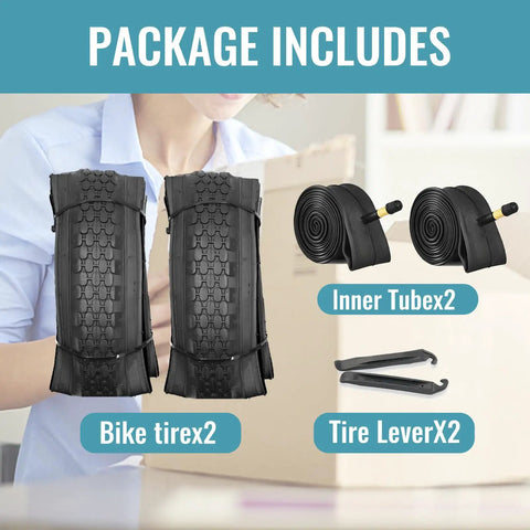 Two Pack Cruiser Bike Tire Kit With Tubes And Levers 24x2.125 Inch Folding Puncture Resistant Tires package contents